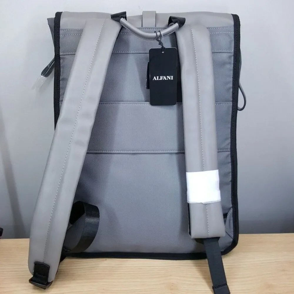 ALFANI Backpack Grey Canvas Roll Top Backpack Faux Leather Trim Laptop Sleeve - Picture 7 of 13